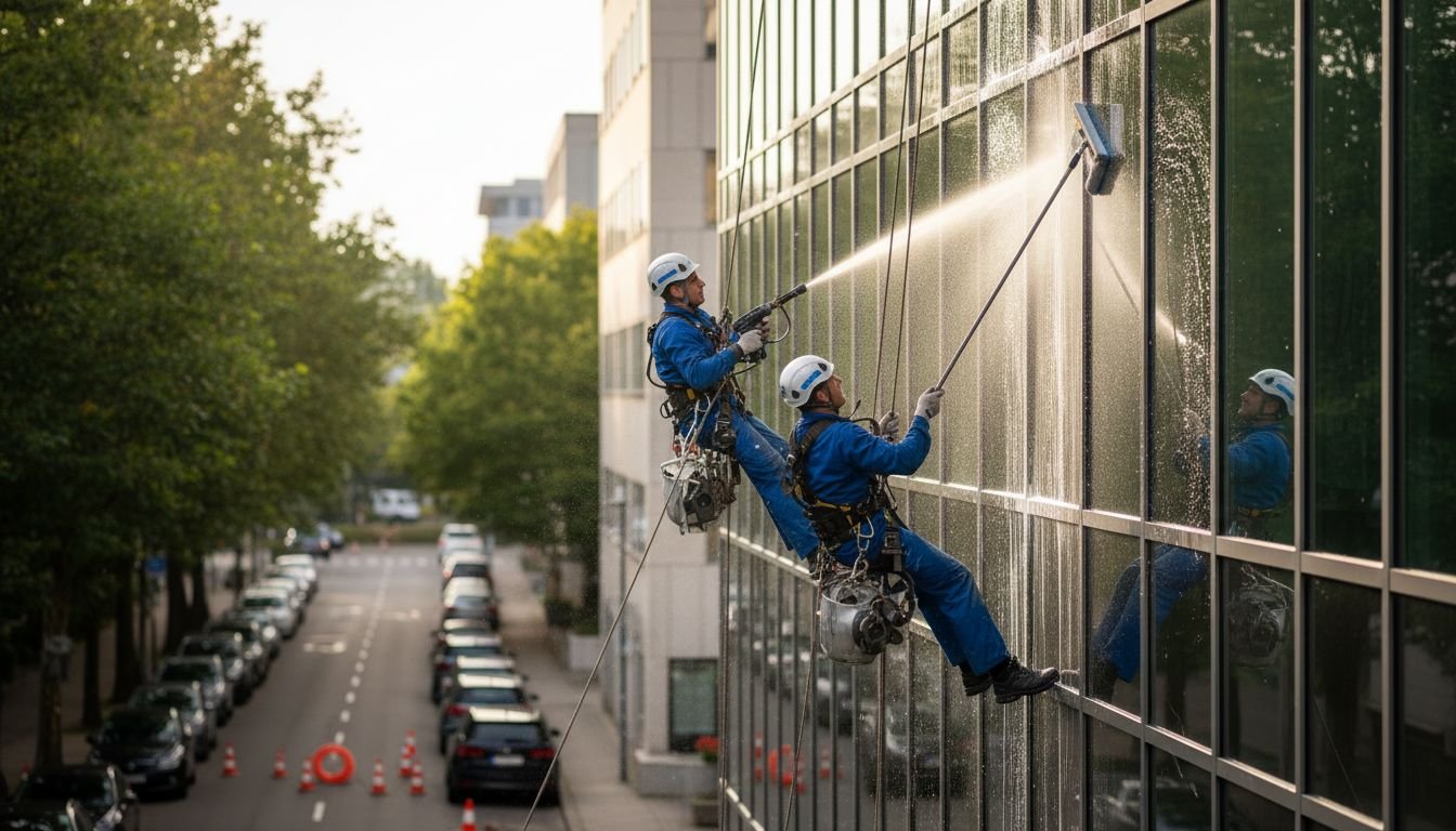 Zwei Fassadenreiniger reinigen eine hohe Glasfassade mit Wasserstrahl und Teleskopbürste