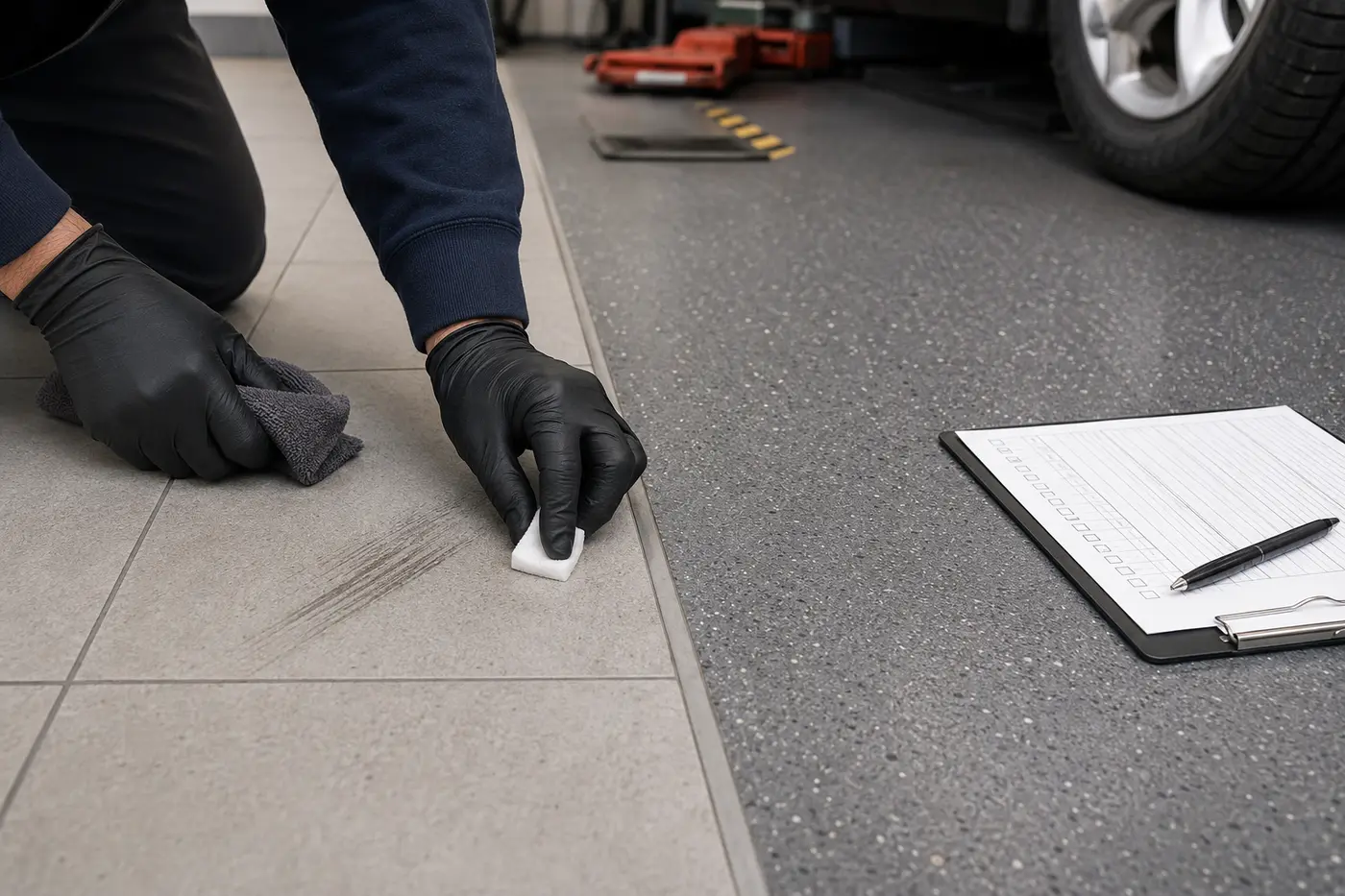 Materialtest am Übergang von Showroom- zu Werkstattboden