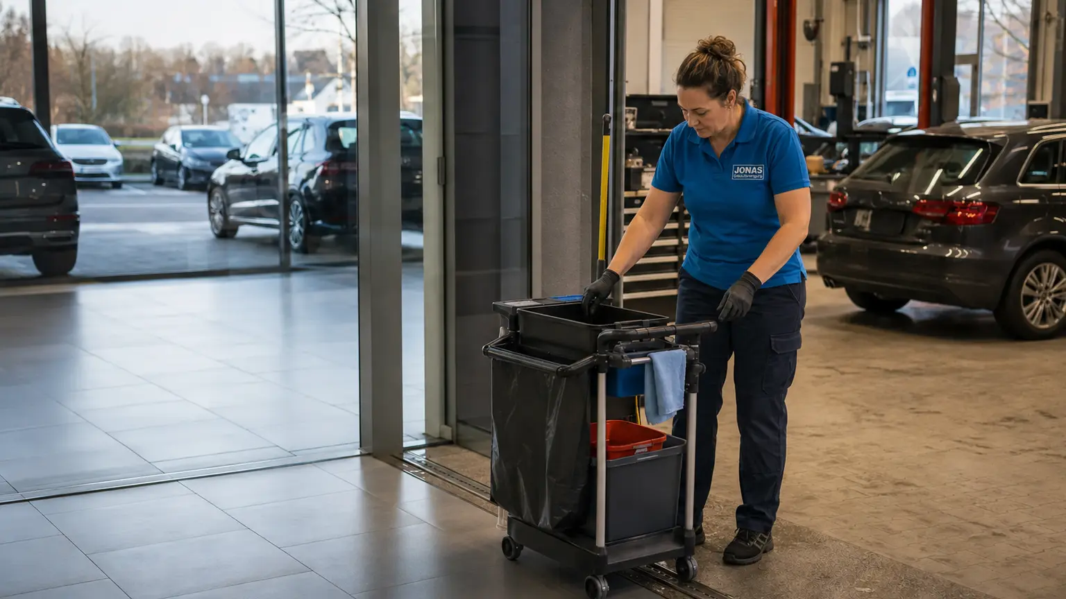 Mitarbeiterin von Jonas Gebäudereinigung mit Reinigungswagen in einem Autohaus