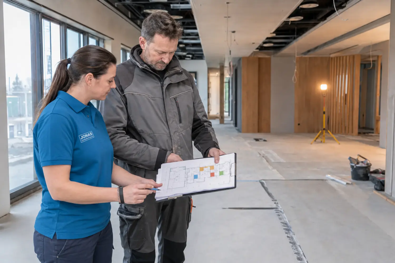 Jonas-Mitarbeiterin stimmt den Übergabestand einer Baureinigung mit einem Bauverantwortlichen ab