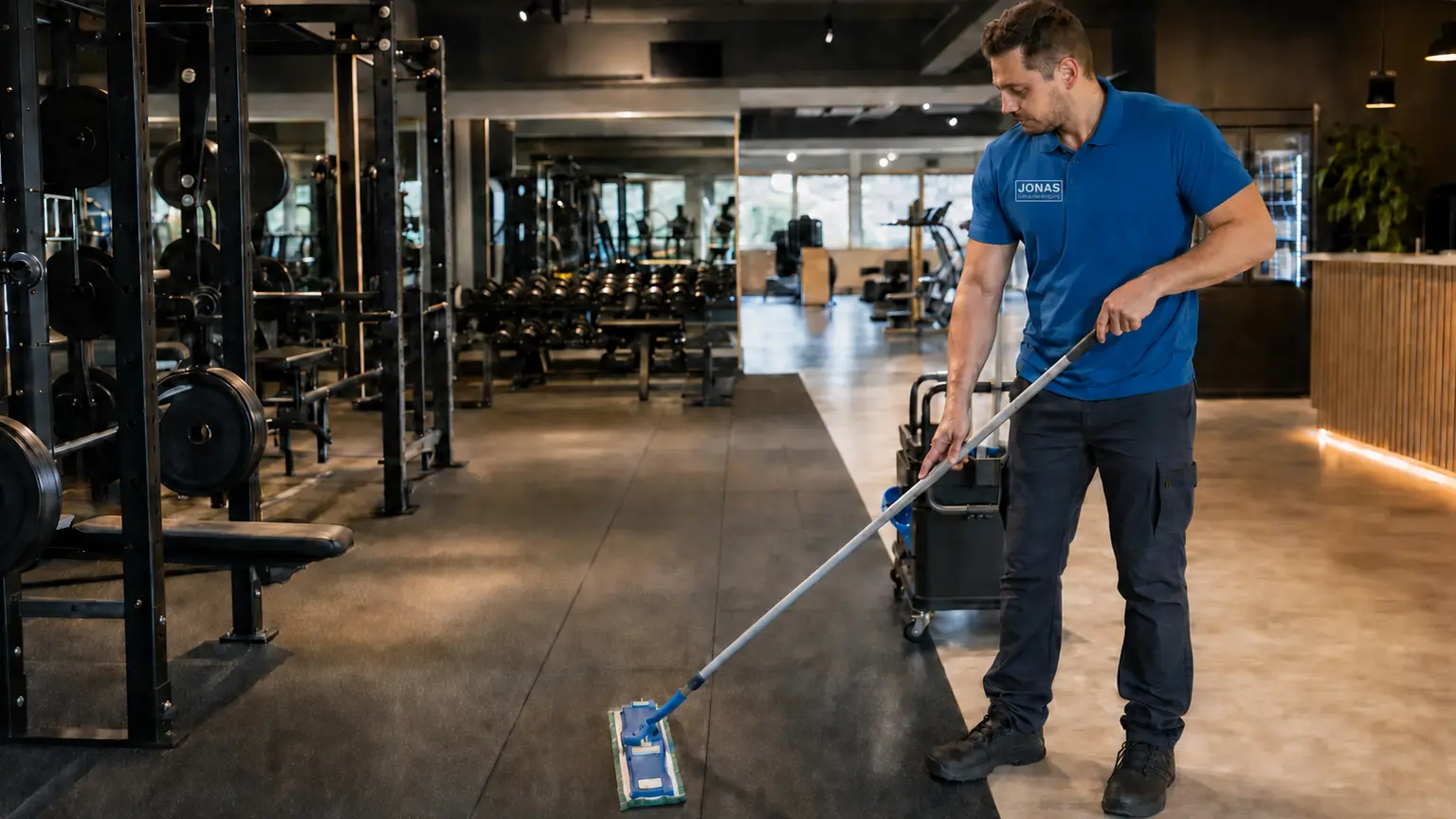 Mitarbeiter von Jonas Gebäudereinigung reinigt den Boden eines Fitnessstudios