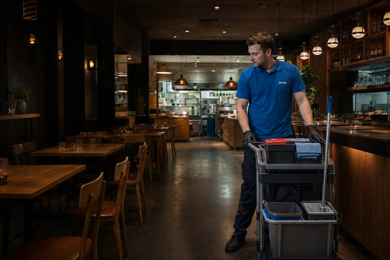 Jonas-Mitarbeiter beginnt nach Betriebsschluss die Gastronomiereinigung