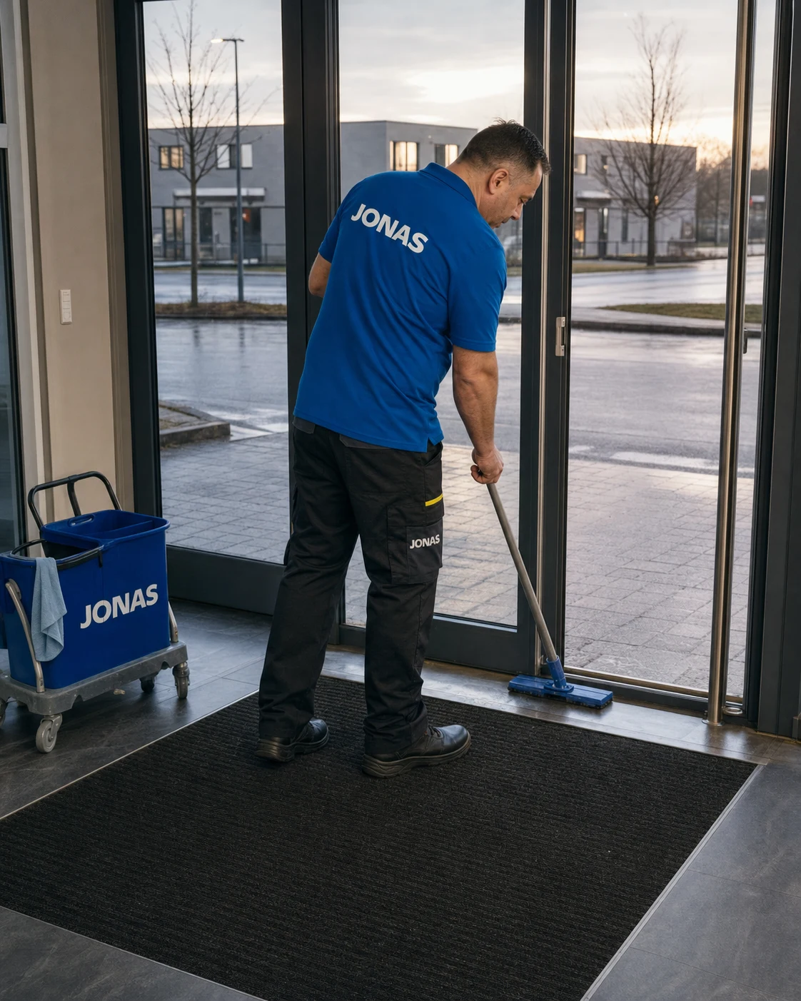 Jonas Mitarbeiter reinigt morgens den Eingang eines Delmenhorster Unternehmens