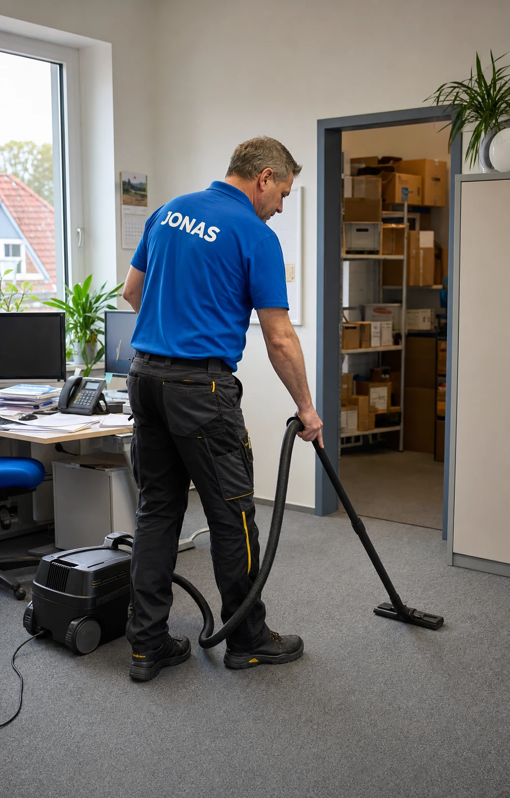 Ganderkesee 4 Jonas Mitarbeiter saugt ein Büro mit angrenzendem Lagerbereich