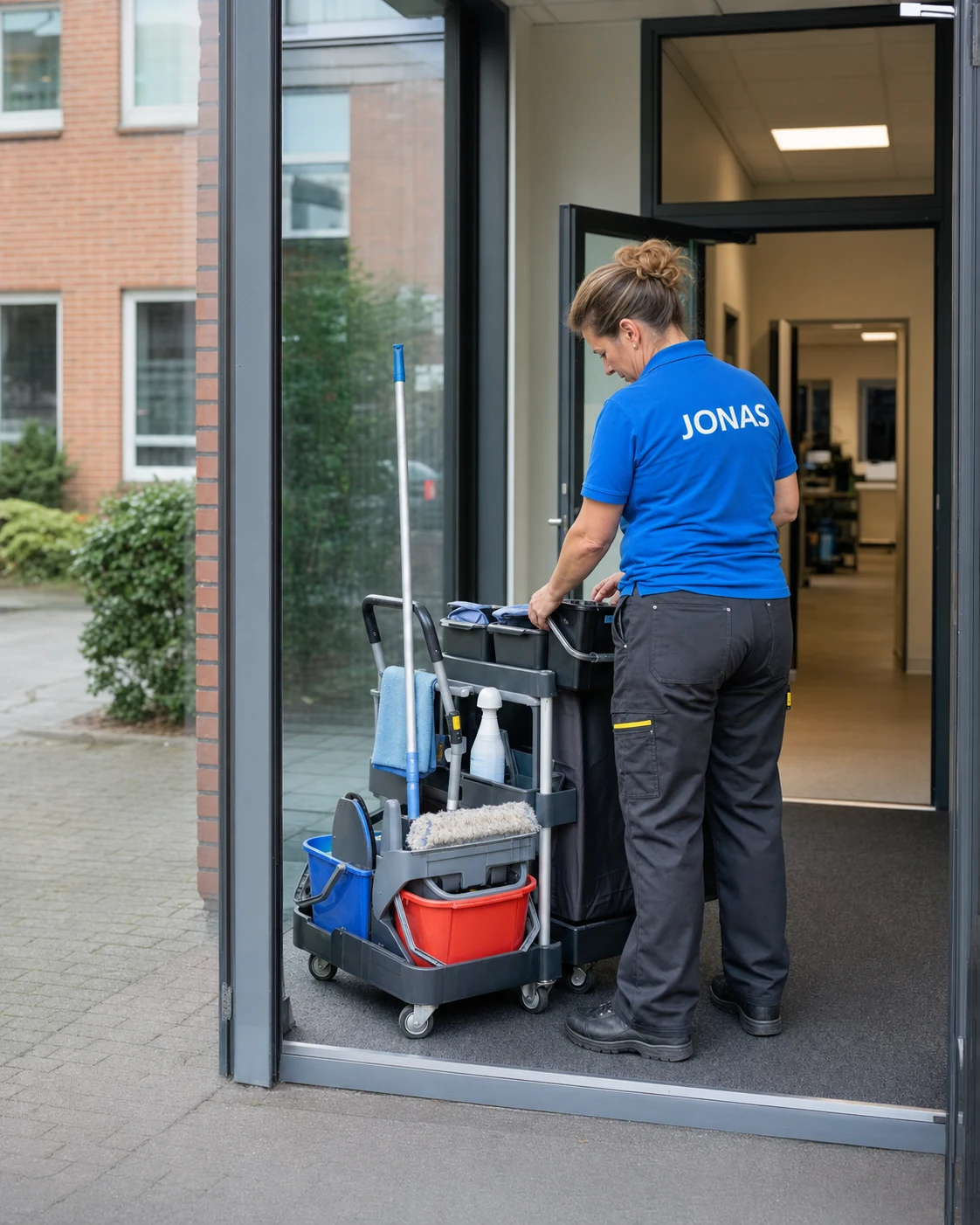Ganderkesee 1 Jonas Mitarbeiterin bereitet am Eingang eines Ganderkeseer Betriebs den Reinigungswagen vor