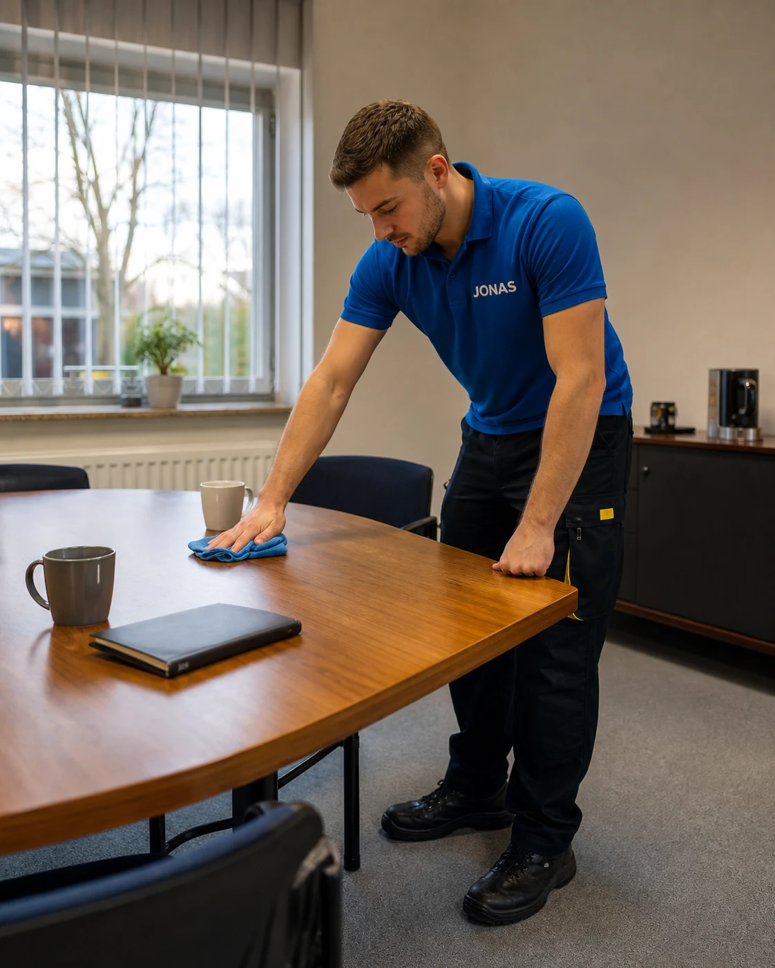 Hude 3 Jonas Mitarbeiter pflegt einen genutzten Besprechungsraum in Hude