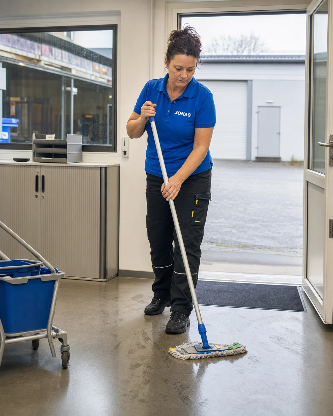 Hude 1 Jonas Mitarbeiterin reinigt den Büroeingang eines Huder Betriebs