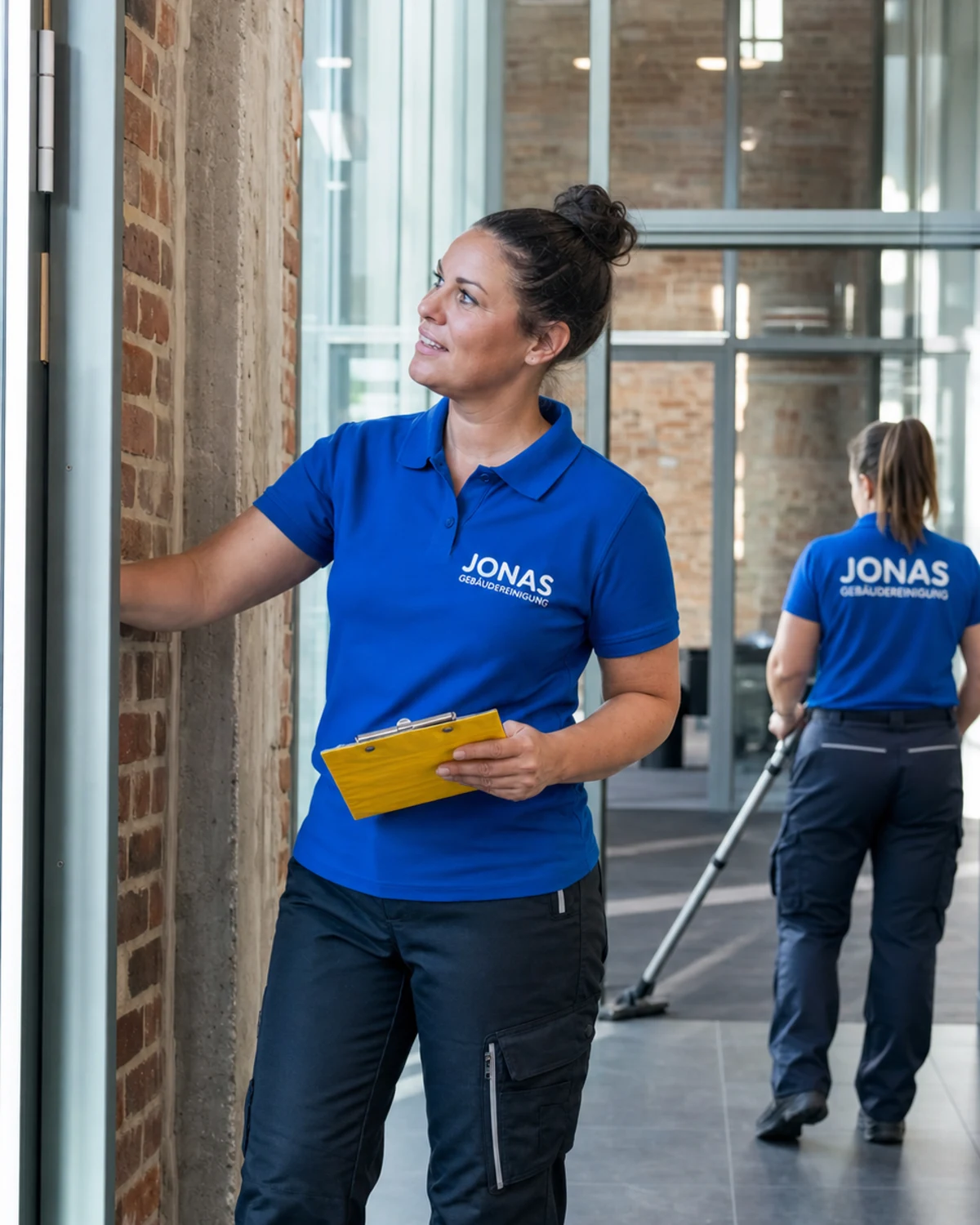 Gebäudereinigung Lüneburg 4 Jonas Team kontrolliert die Reinigung zwischen älterem und modernem Gebäudeteil in Lüneburg