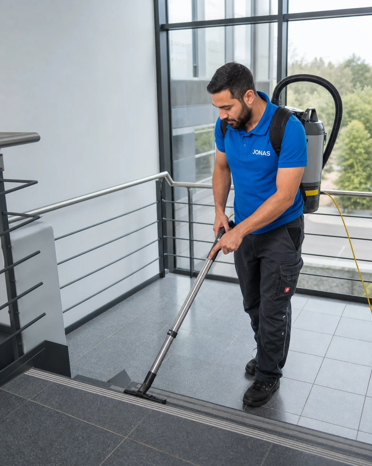 Gebäudereinigung Nordenham 3 Jonas Mitarbeiter reinigt ein Treppenhaus in Nordenham