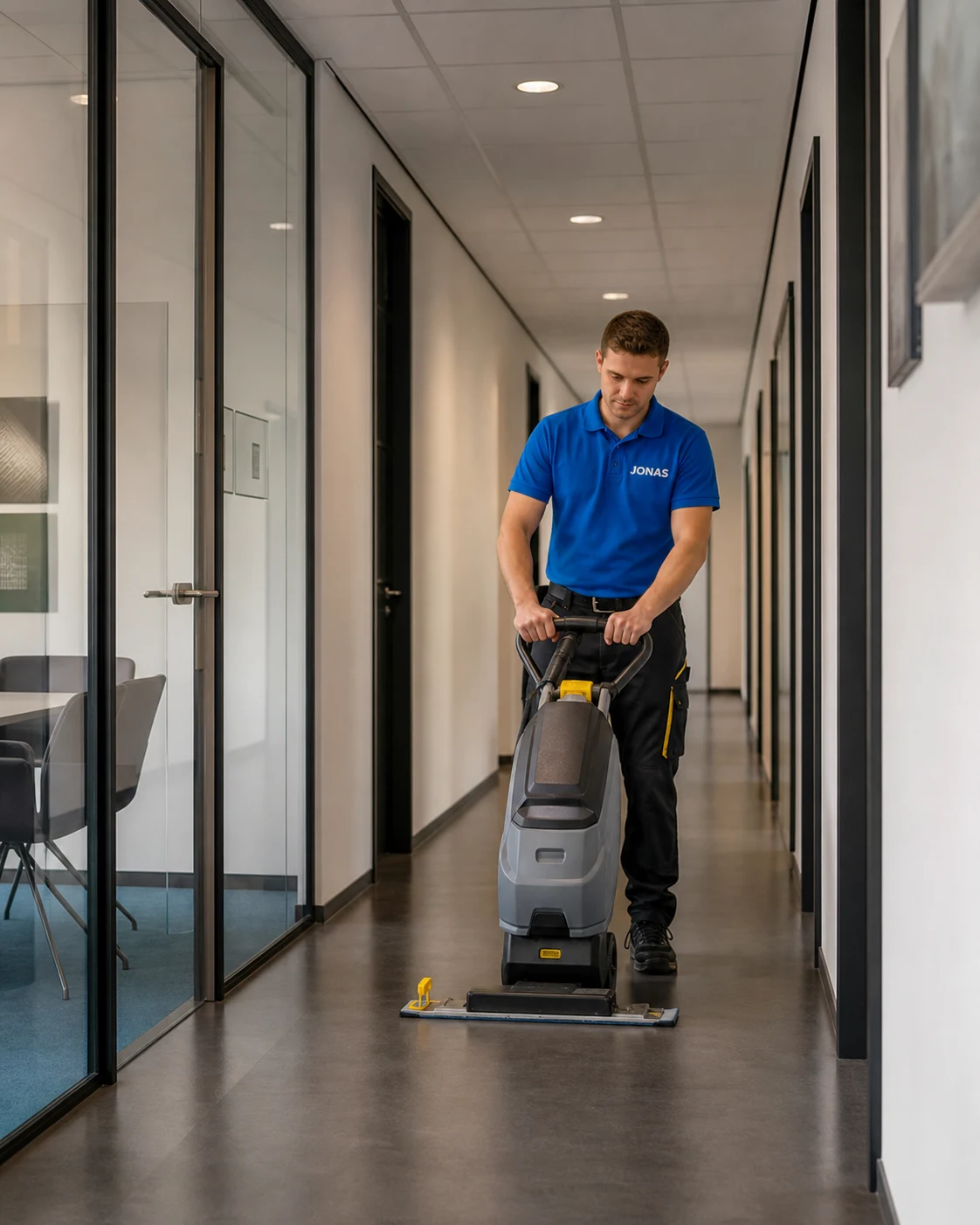 Vechta 4 Jonas Mitarbeiter reinigt einen Büroflur in einem Vechtaer Unternehmen