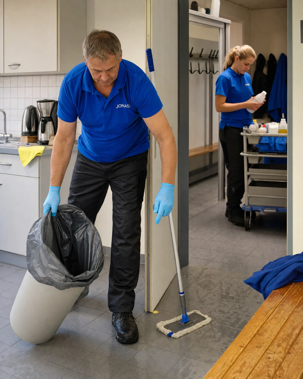 Gebäudereinigung Zeven 4 Jonas Reinigungsteam pflegt den Übergang zwischen Pausenraum und Umkleide in Zeven