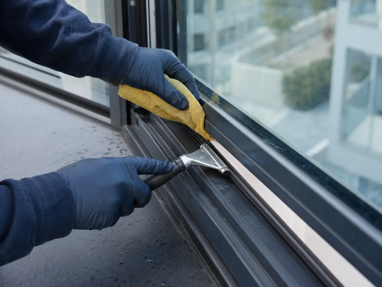Jonas-Mitarbeiter reinigen Glasfläche und Rahmen an einem Gewerbeobjekt