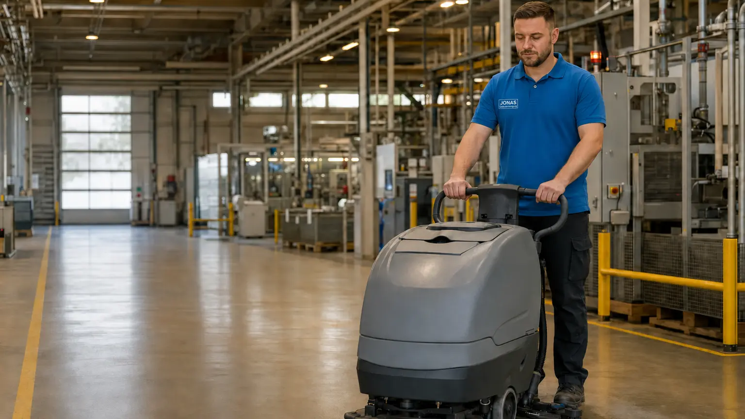 Mitarbeiter von Jonas Gebäudereinigung reinigt einen Industrieboden mit einer Scheuersaugmaschine