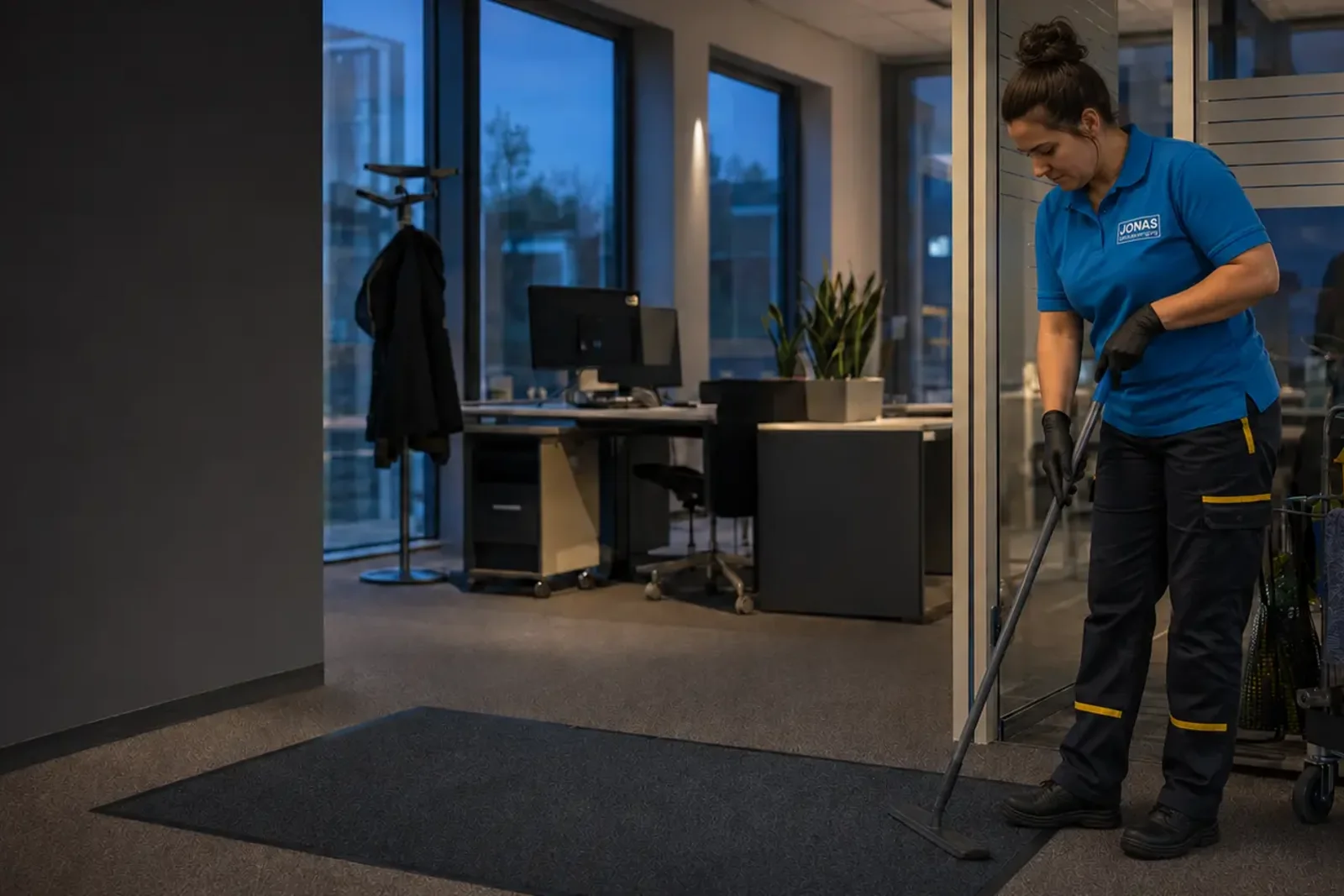 Reinigungskraft von Jonas Gebäudereinigung bei der Bodenreinigung in einem Büroobjekt