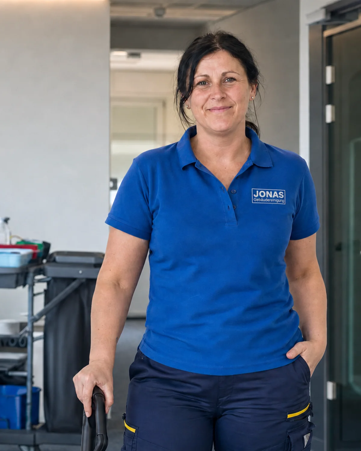 Reinigungskraft von Jonas Gebäudereinigung in Arbeitskleidung vor einem Reinigungswagen