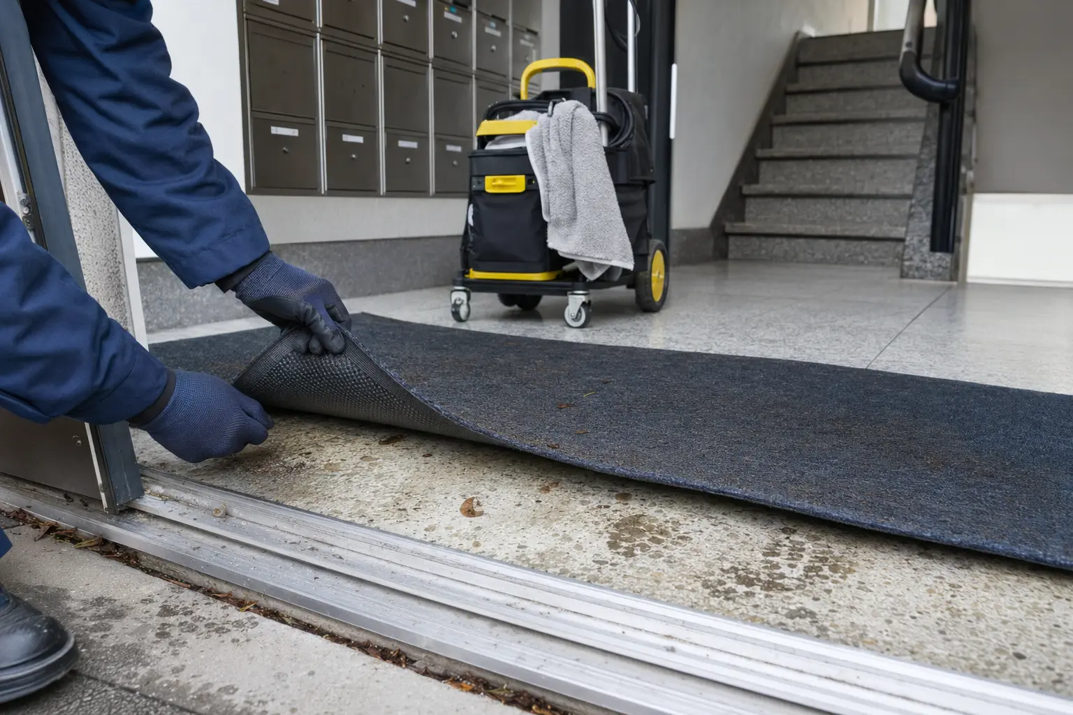 Jonas-Mitarbeiter reinigt die Eingangsmatte und Schmutzfangzone eines Treppenhauses