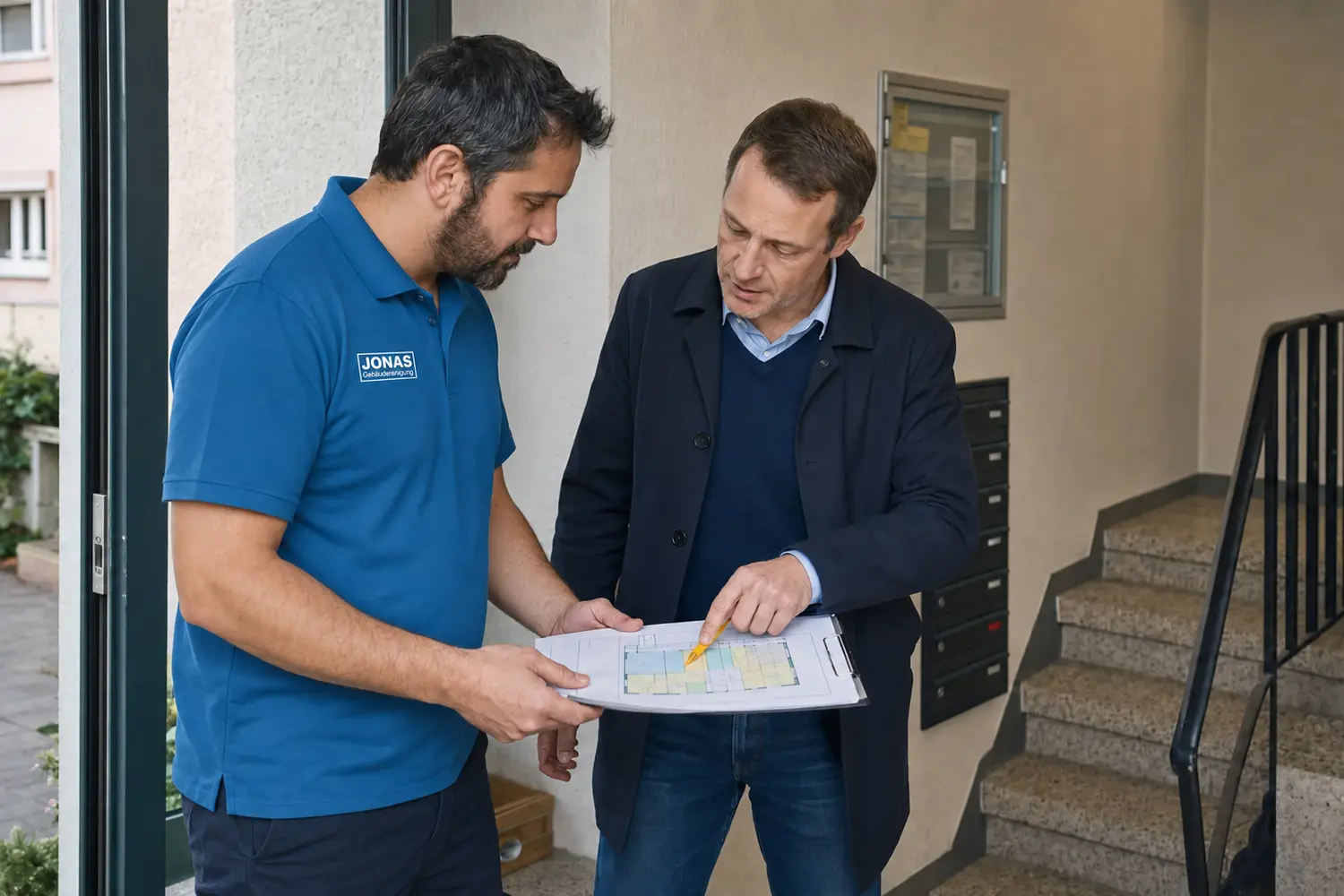 Jonas-Mitarbeiter bespricht einen objektbezogenen Reinigungsplan für ein Treppenhaus