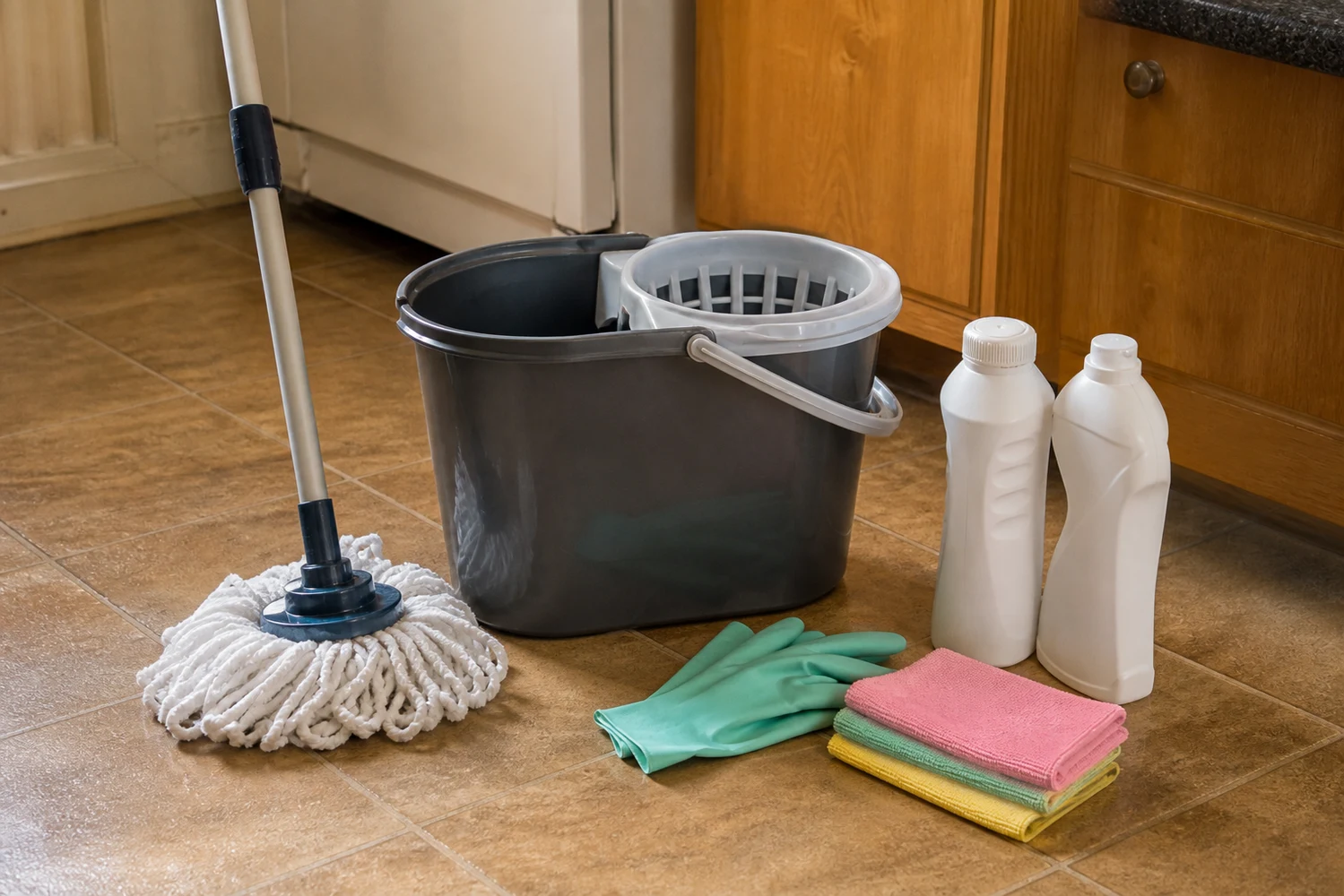 Faire Arbeitsbedingungen im Privathaushalt Geeignete Reinigungsgeräte und Handschuhe stehen geordnet in einer privaten Küche bereit