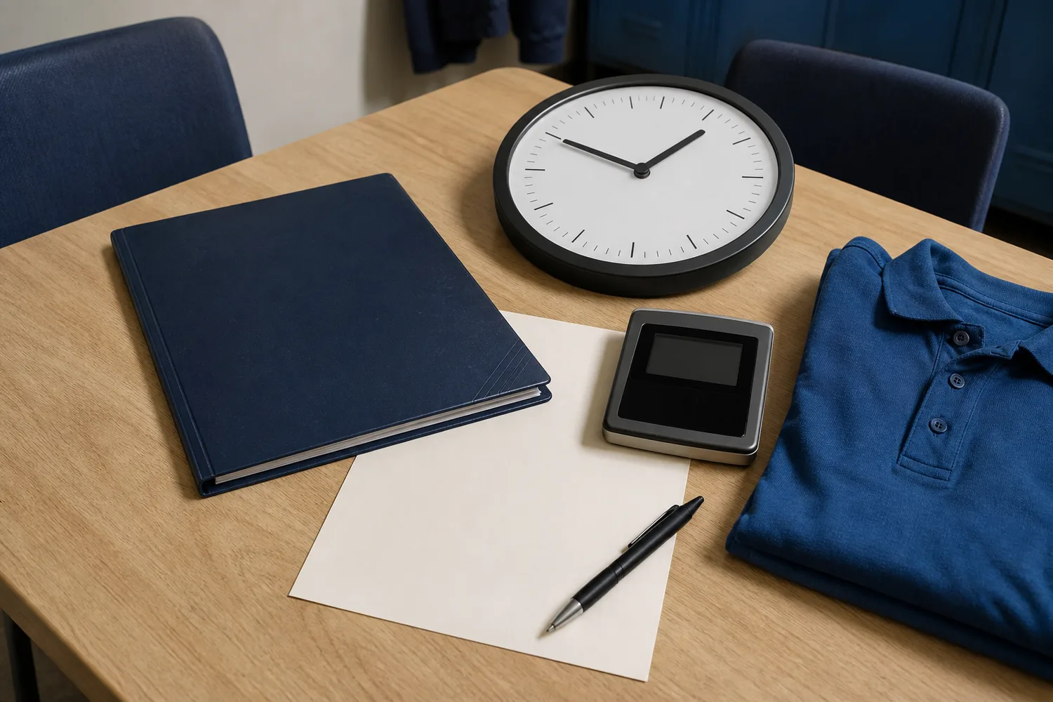 Unbeschriftete Arbeitsunterlagen, Zeiterfassungsgerät und gefaltetes Arbeitshemd auf einem Tisch