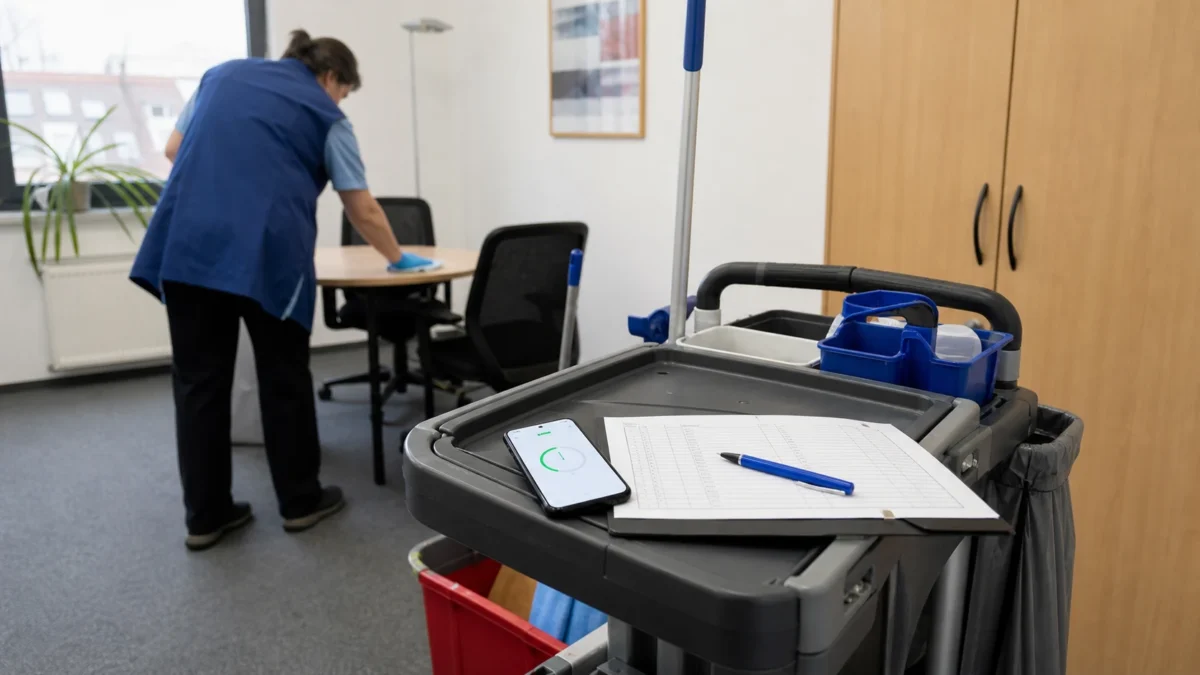 Arbeitszeiten in der Gebäudereinigung dokumentieren: Diese sechs Punkte zählen 2026 9 Reinigungswagen mit Zeiterfassungsgerät und Arbeitszeitliste in einem Bürogebäude