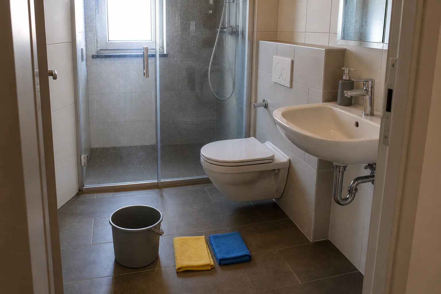 Kleines Badezimmer mit Dusche, WC, Waschtisch und bereitgelegten Reinigungstüchern