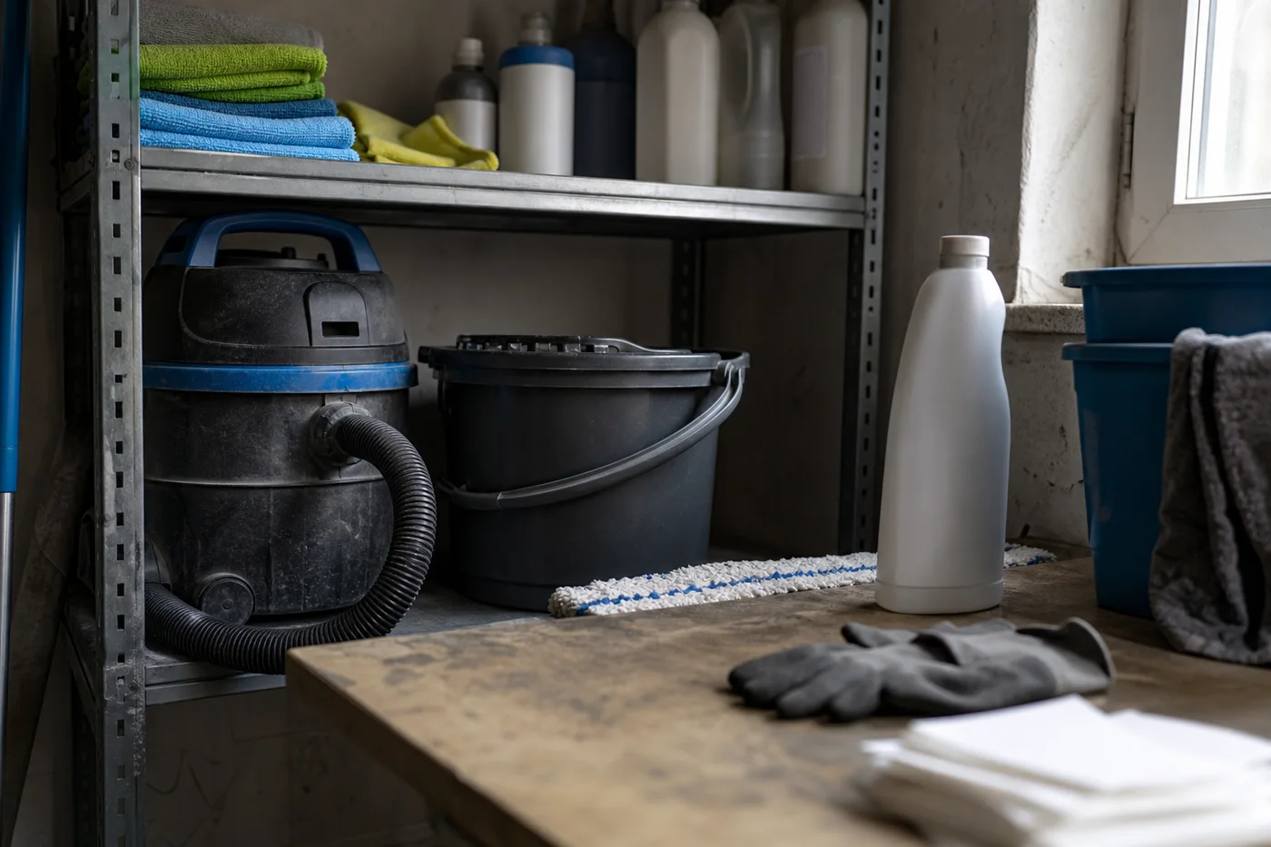 Betriebskosten aus dem Rechnungsumsatz finanzieren Gebrauchte Reinigungsgeräte, Eimer, Tücher und Arbeitsmittel in einem Materialraum