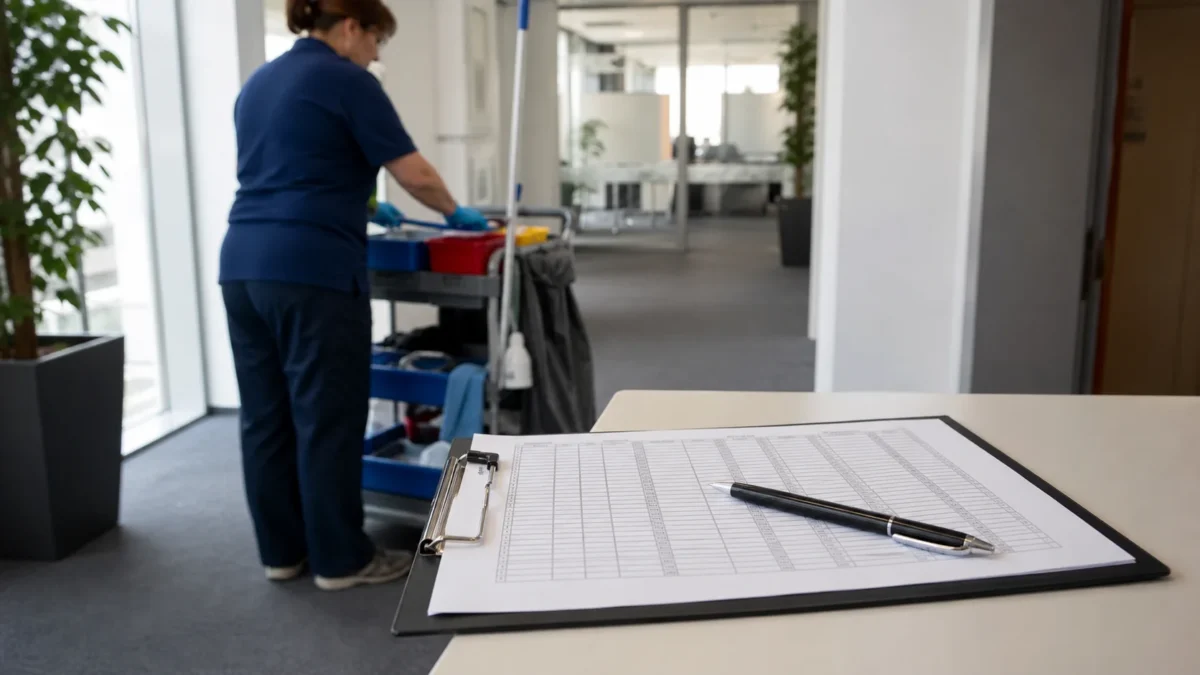 Gebäudereinigung 2026: 15,00 und 18,40 Euro sind die verbindlichen Lohnuntergrenzen 6 Reinigungskraft bei der Unterhaltsreinigung neben einer sachlichen Lohnübersicht