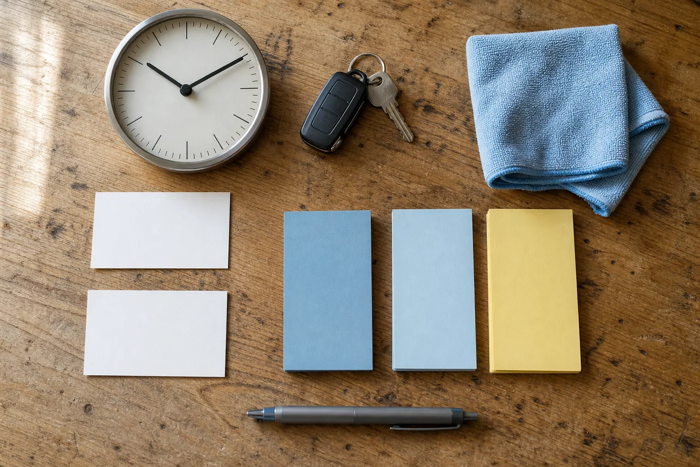 Fakturierbare und nicht fakturierbare Zeit trennen Analoge Uhr, Fahrzeugschlüssel und blanke Karten zur Planung von Einsatz-, Fahrt- und Verwaltungszeit
