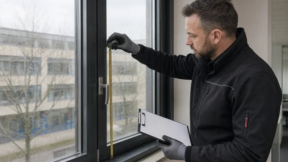 Fachkraft misst ein gewerbliches Fensterelement für die Kalkulation der Fensterreinigung aus
