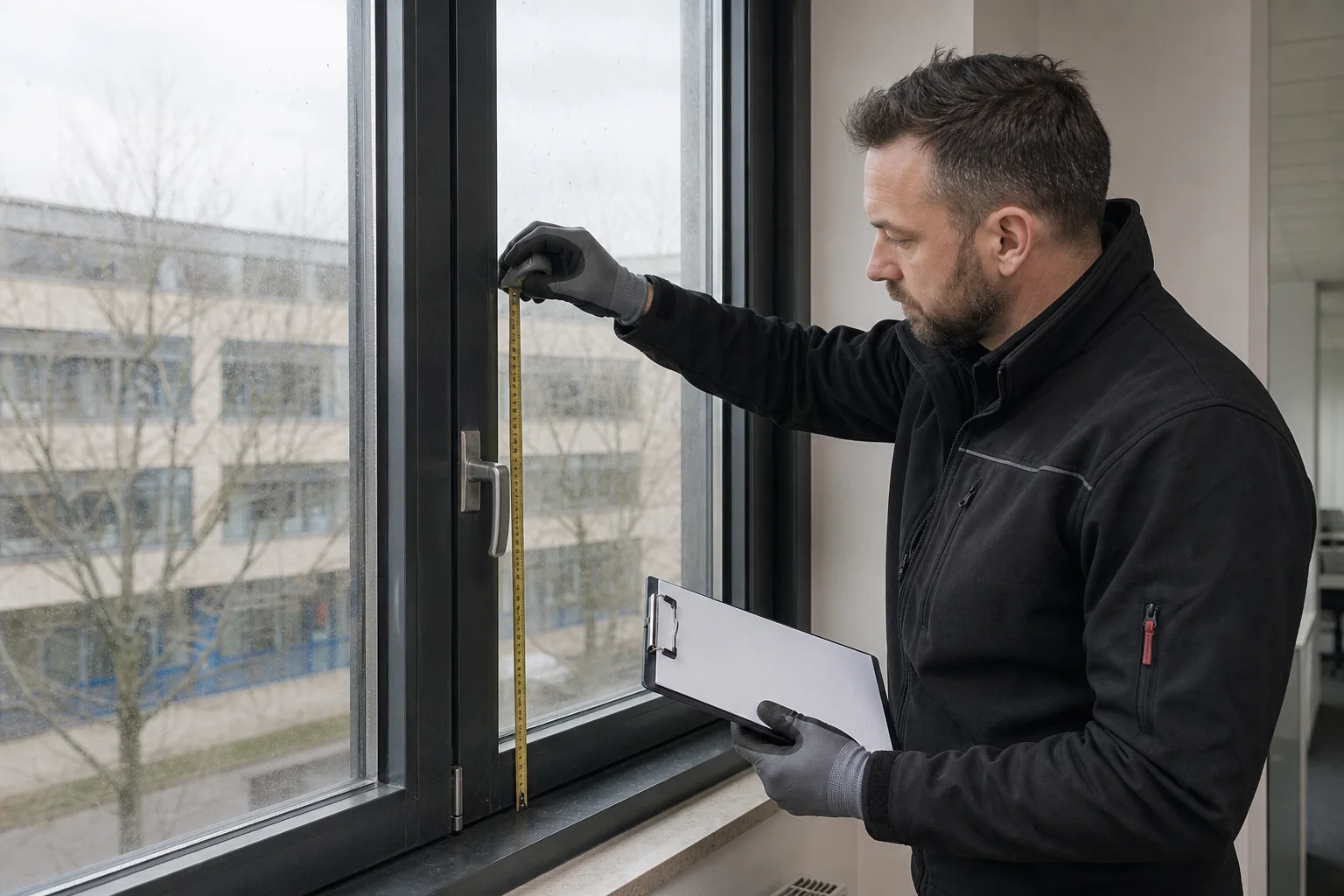 Professionelle Fensterreinigung: Kosten, Leistung und der richtige Zeitpunkt 1 Fachkraft misst ein gewerbliches Fensterelement für die Kalkulation der Fensterreinigung aus
