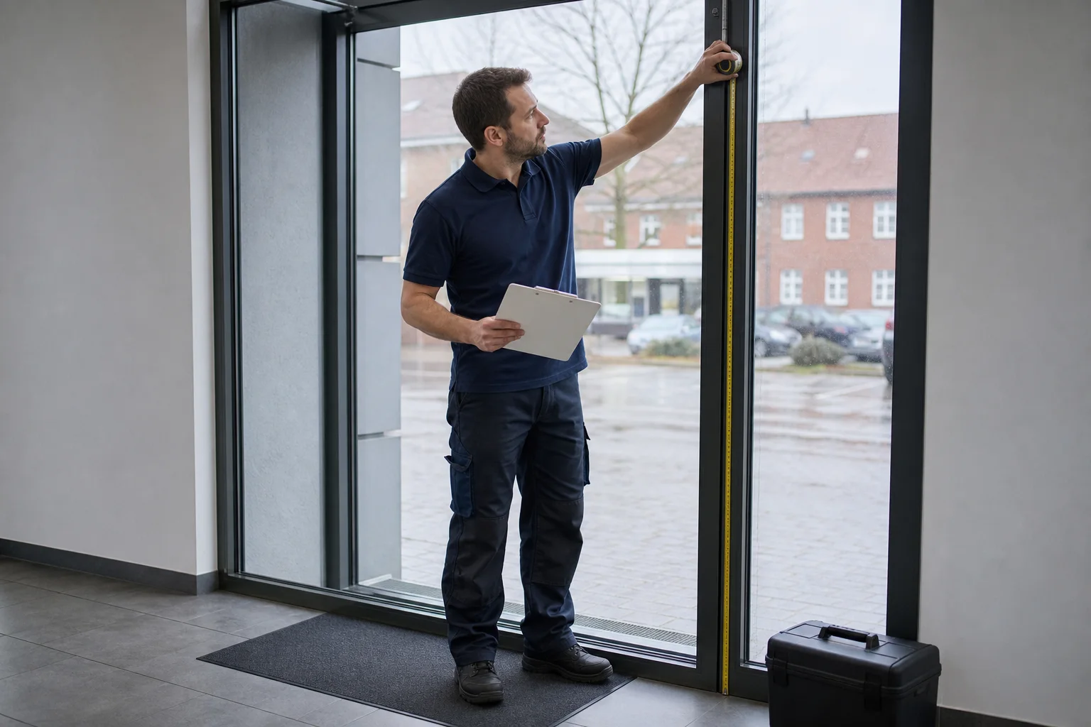 Zugang und Aufmaß einer Glasfläche prüfen Fachkraft prüft Aufmaß und Zugang an einer großen gewerblichen Verglasung
