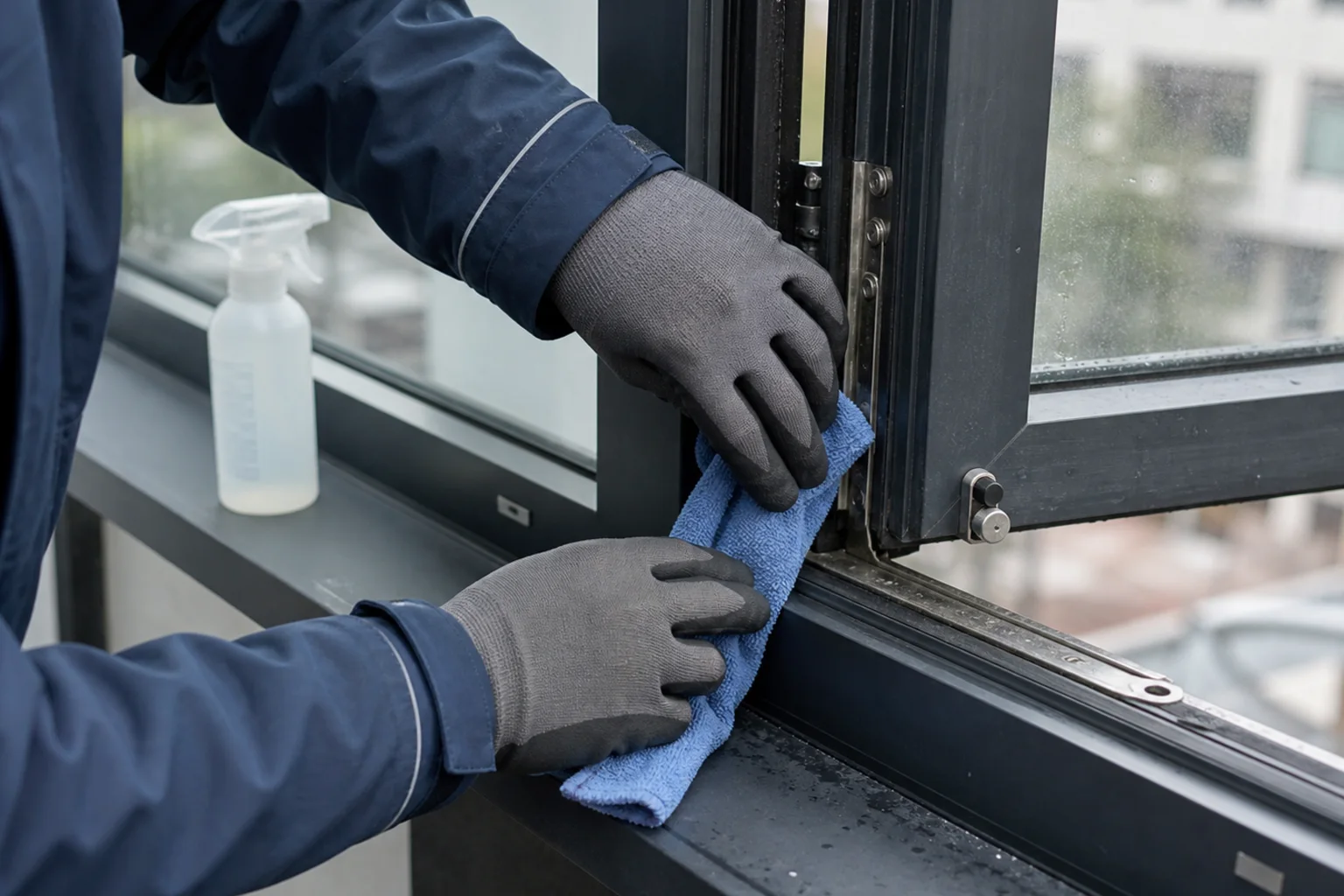 Rahmen und Fensterfalz fachgerecht reinigen Behandschuhte Fachkraft reinigt Rahmen, Fensterfalz und Beschlag eines geöffneten Gewerbefensters