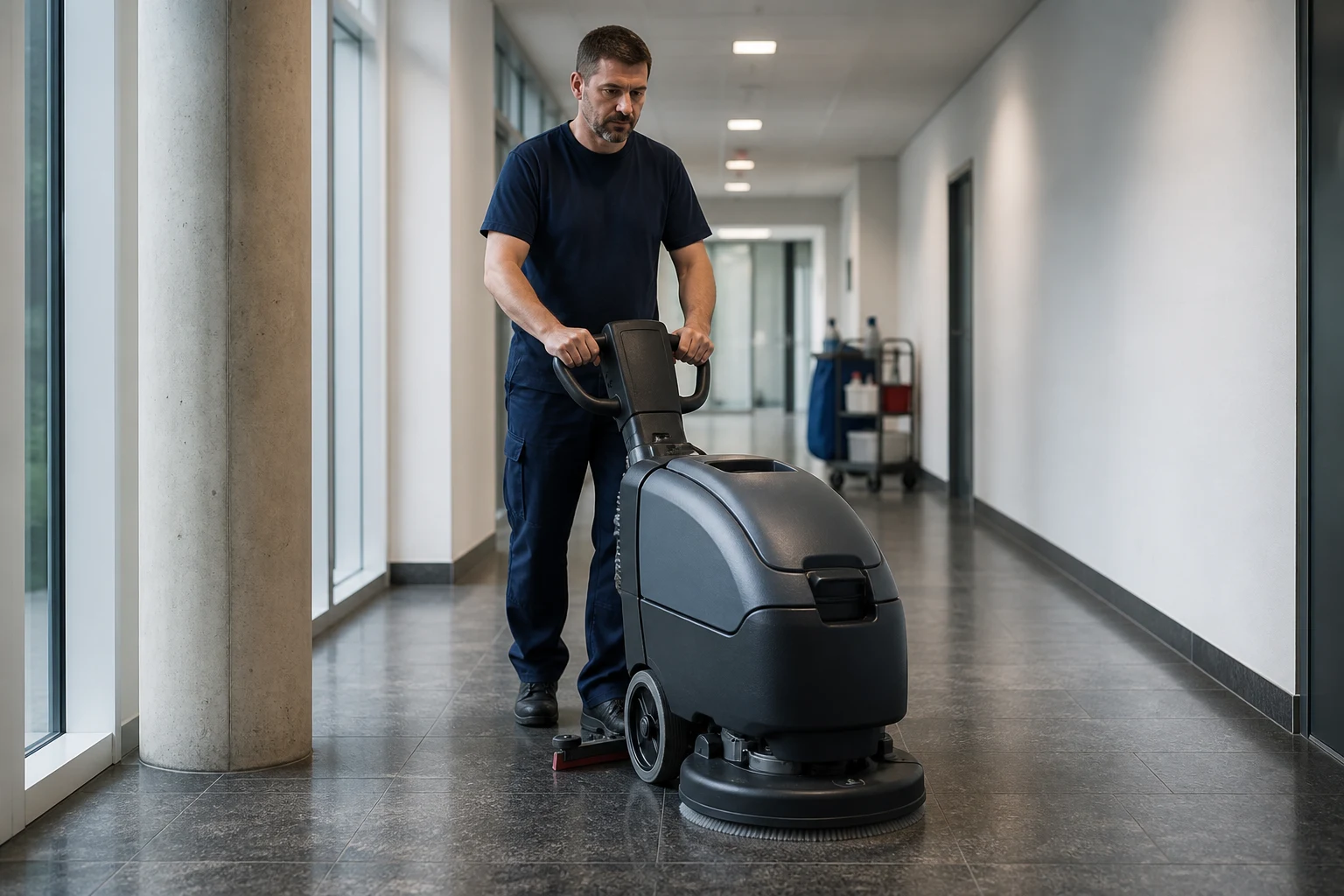 Maschinelle Gebäudereinigung im Objekt Gebäudereiniger führt eine Scheuersaugmaschine durch einen gewerblichen Flur