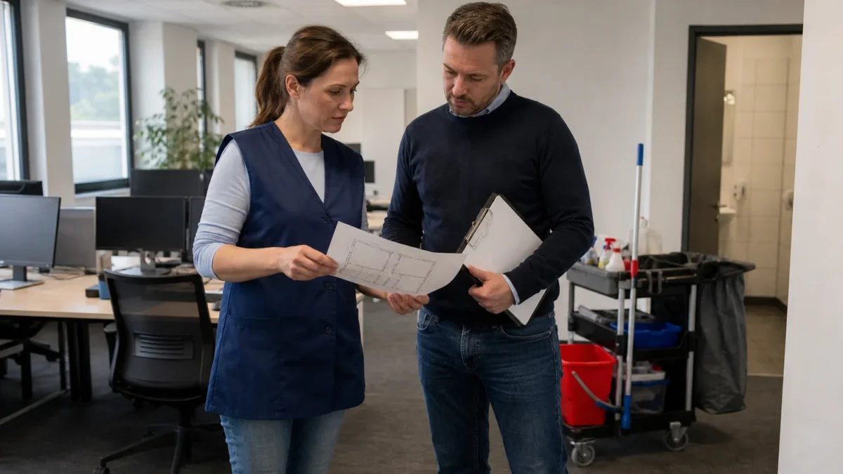 Was kostet eine gewerbliche Reinigungsfirma? Stundensatz, 100 m² und Angebotslogik 3 Fachpersonen prüfen bei einer Objektbegehung den Umfang einer gewerblichen Reinigung