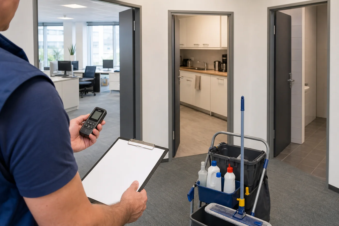 Reinigungskraft erfasst Büro, Teeküche und Sanitärbereich für eine 100-m²-Kalkulation