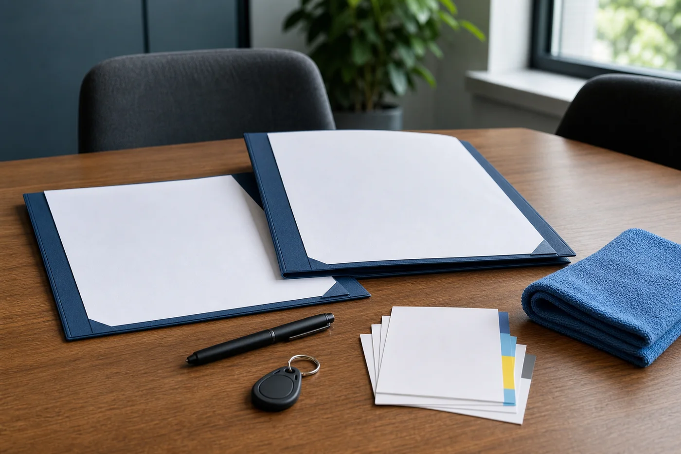 Zwei blanke Angebotsmappen für gewerbliche Reinigung auf einem Besprechungstisch