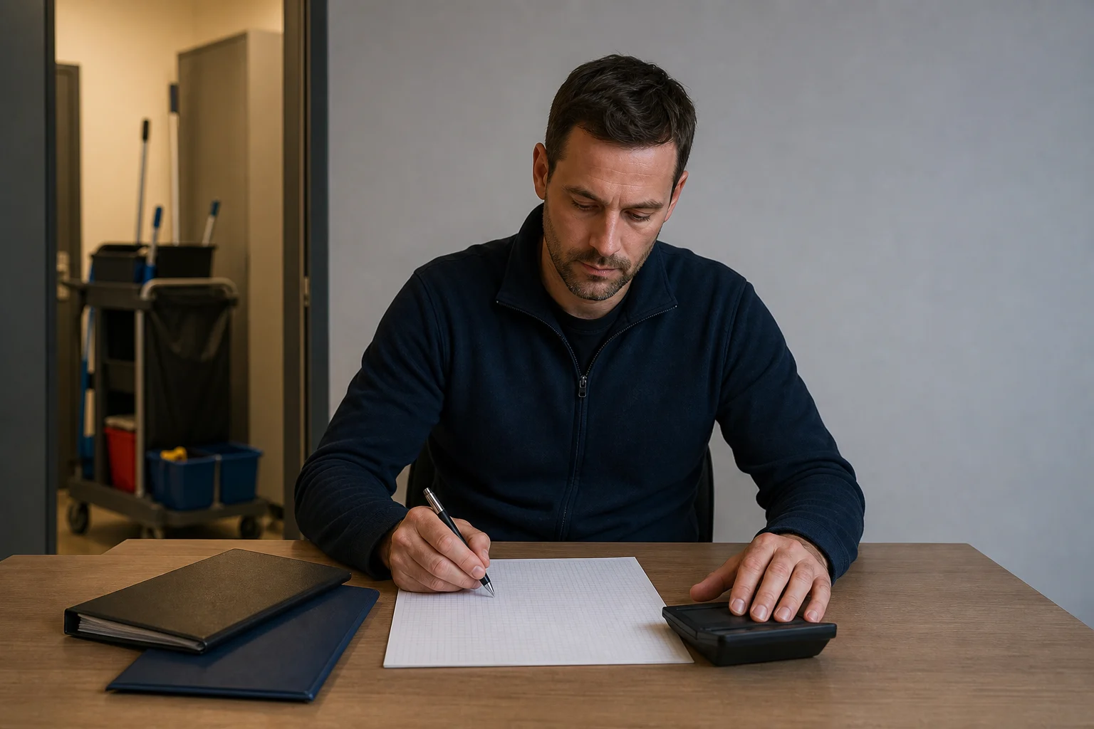 Wie viel Gewinn macht ein Reinigungsunternehmen? Wirtschaftlichkeit richtig prüfen 1 Unternehmer prüft an einem Schreibtisch eine leere Monatsübersicht mit Taschenrechner