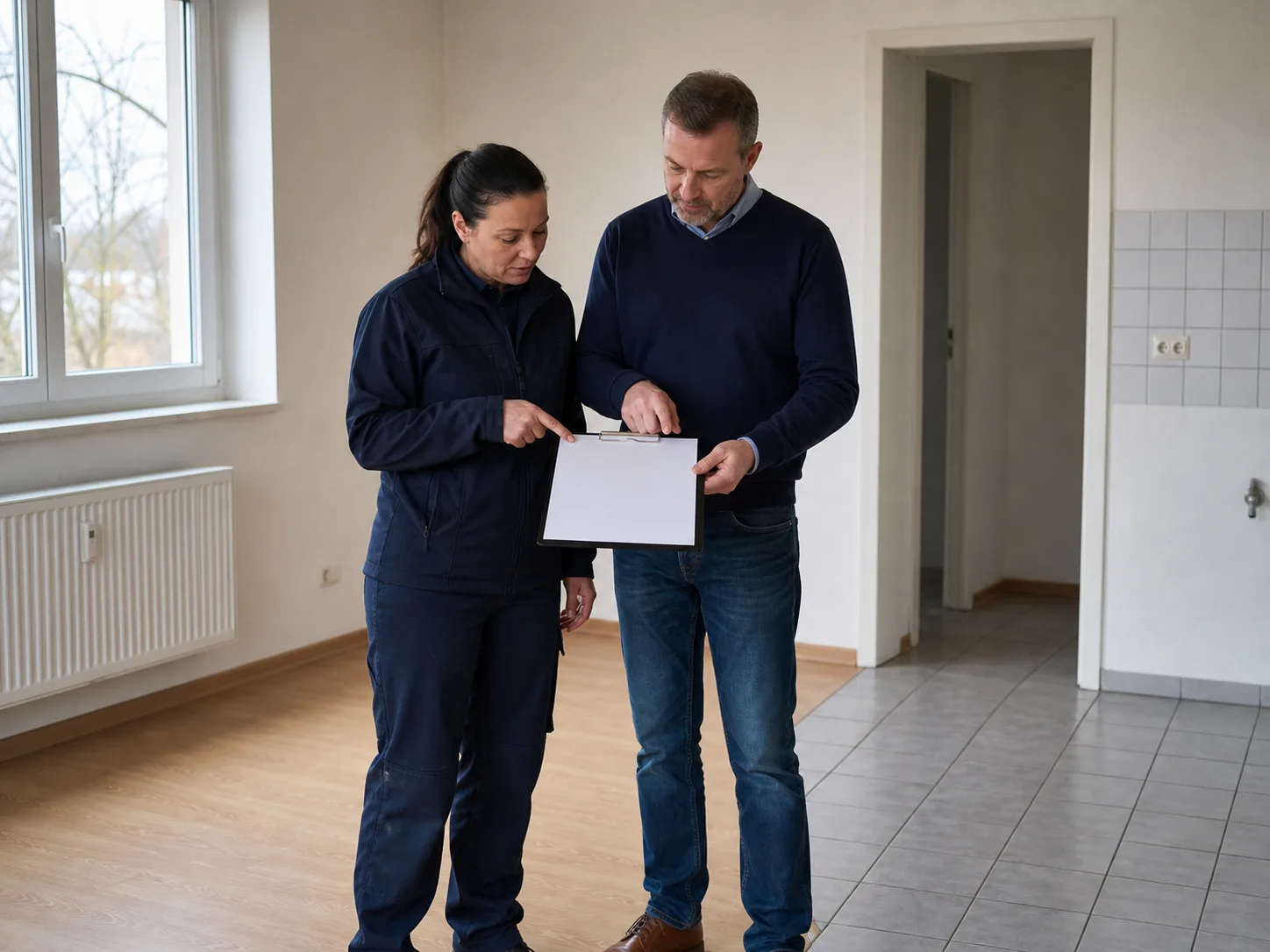 Zwei Personen prüfen bei einer Objektbegehung eine unbeschriftete Mappe in einer freien Wohnung