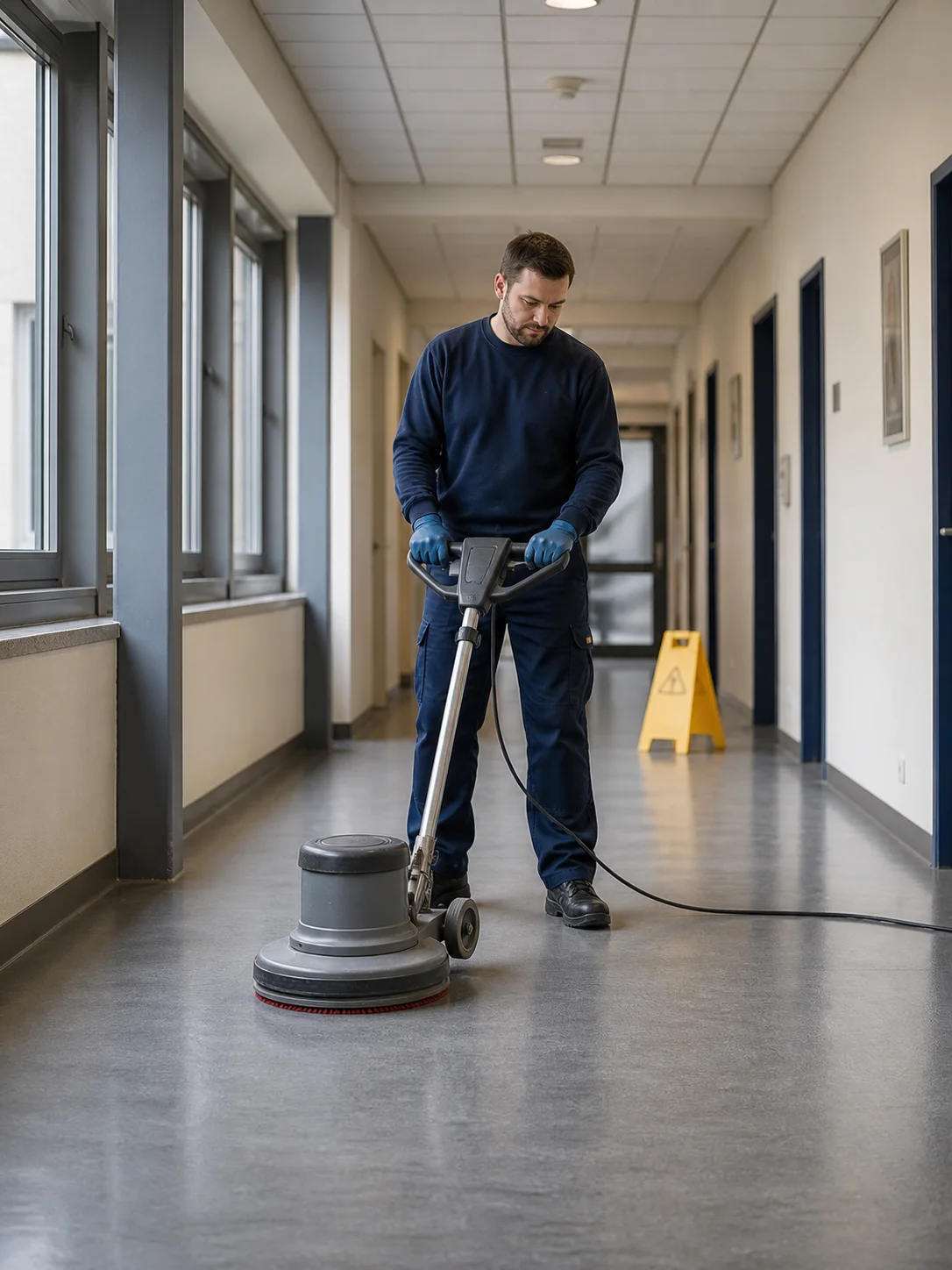 Maschinelles Verfahren bei der Grundreinigung Fachkraft führt eine Einscheibenmaschine kontrolliert über einen Gewerbeboden