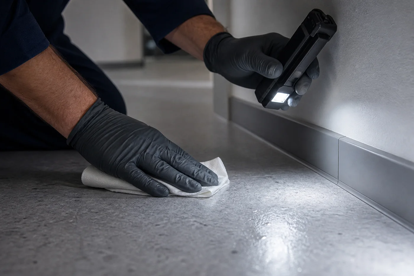 Randzone nach der Grundreinigung prüfen Behandschuhte Fachkraft prüft eine Bodenrandzone mit weißem Tuch und neutralem Arbeitslicht