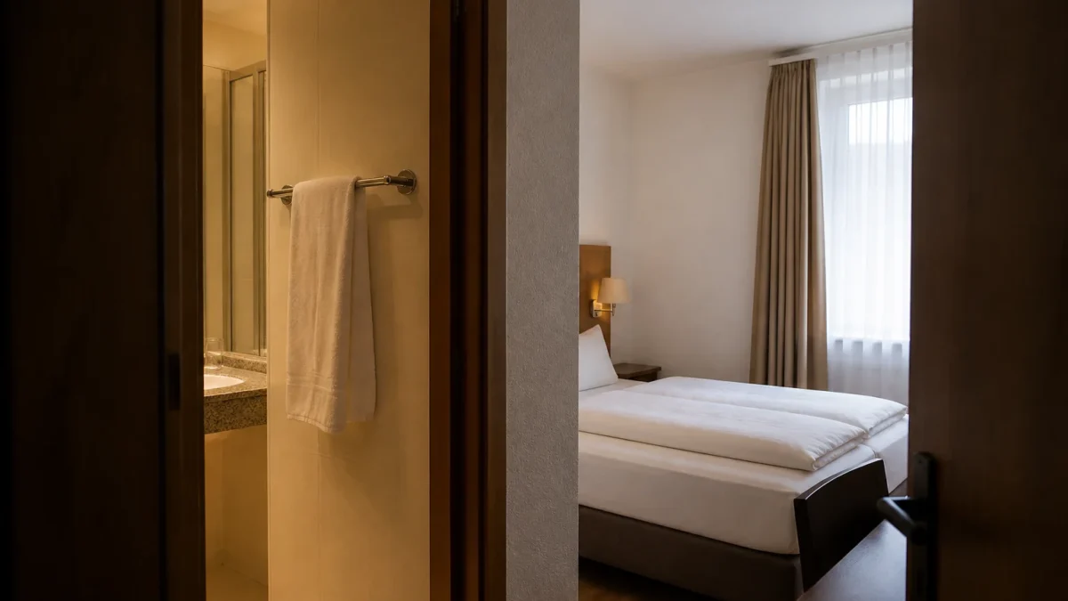 Handtücher und Bettwäsche im Hotel: Was Gäste dem Housekeeping abnehmen sollten 3 Trocken aufgehängtes Handtuch und bezogenes Bett in einem Hotelzimmer