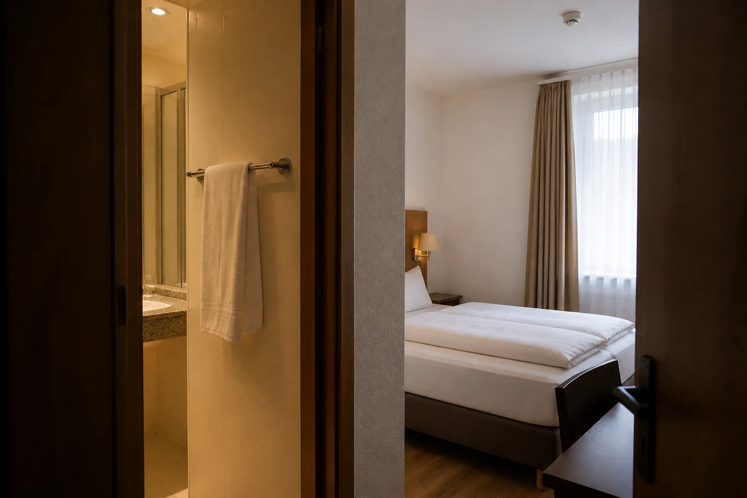 Handtücher und Bettwäsche im Hotel: Was Gäste dem Housekeeping abnehmen sollten 1 Trocken aufgehängtes Handtuch und bezogenes Bett in einem Hotelzimmer