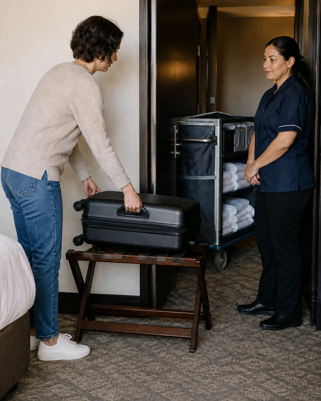 Arbeitsweg im Hotelzimmer freihalten Hotelgast stellt einen geschlossenen Koffer auf die Gepäckablage, während die Housekeeping-Fachkraft an der Tür wartet