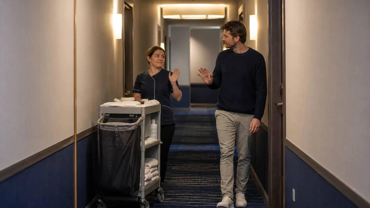 Housekeeping-Knigge: Trinkgeld, 15-5-Regel und Hotelmythen 4 Housekeeping-Fachkraft und Hotelgast begegnen sich mit freundlicher Geste in einem ruhigen Hotelkorridor
