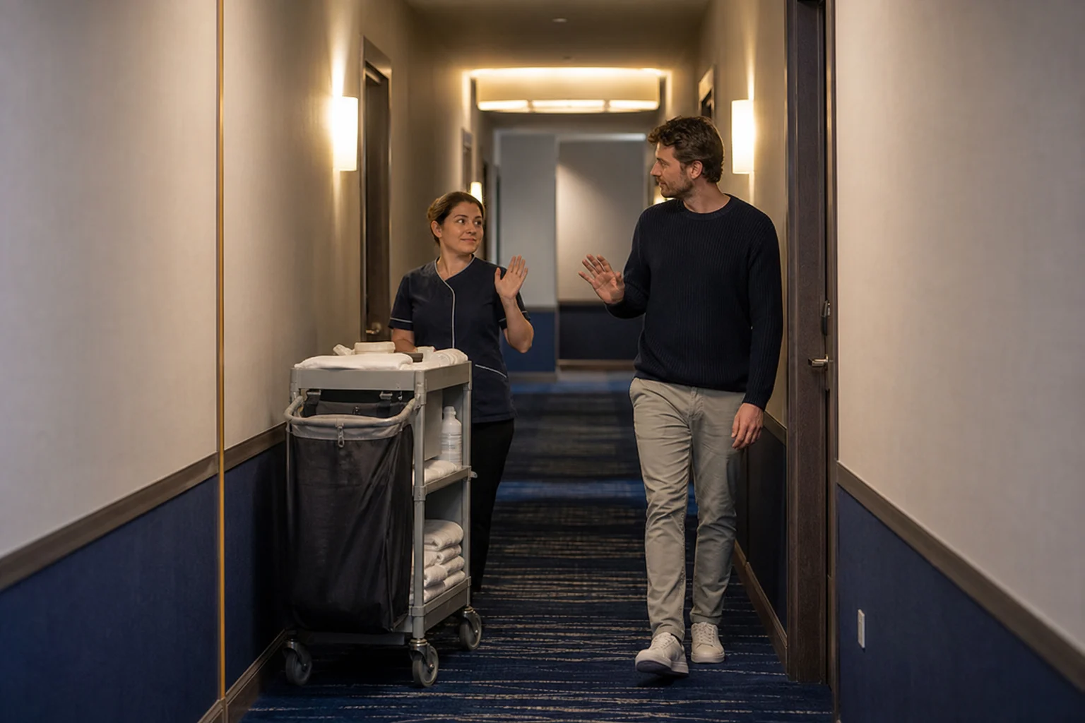 Housekeeping-Knigge: Trinkgeld, 15-5-Regel und Hotelmythen 1 Housekeeping-Fachkraft und Hotelgast begegnen sich mit freundlicher Geste in einem ruhigen Hotelkorridor