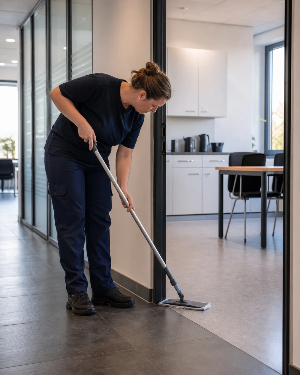 Gebäudereinigung Ritterhude 3 Bodenreinigung am Übergang zwischen Büro und Sozialraum