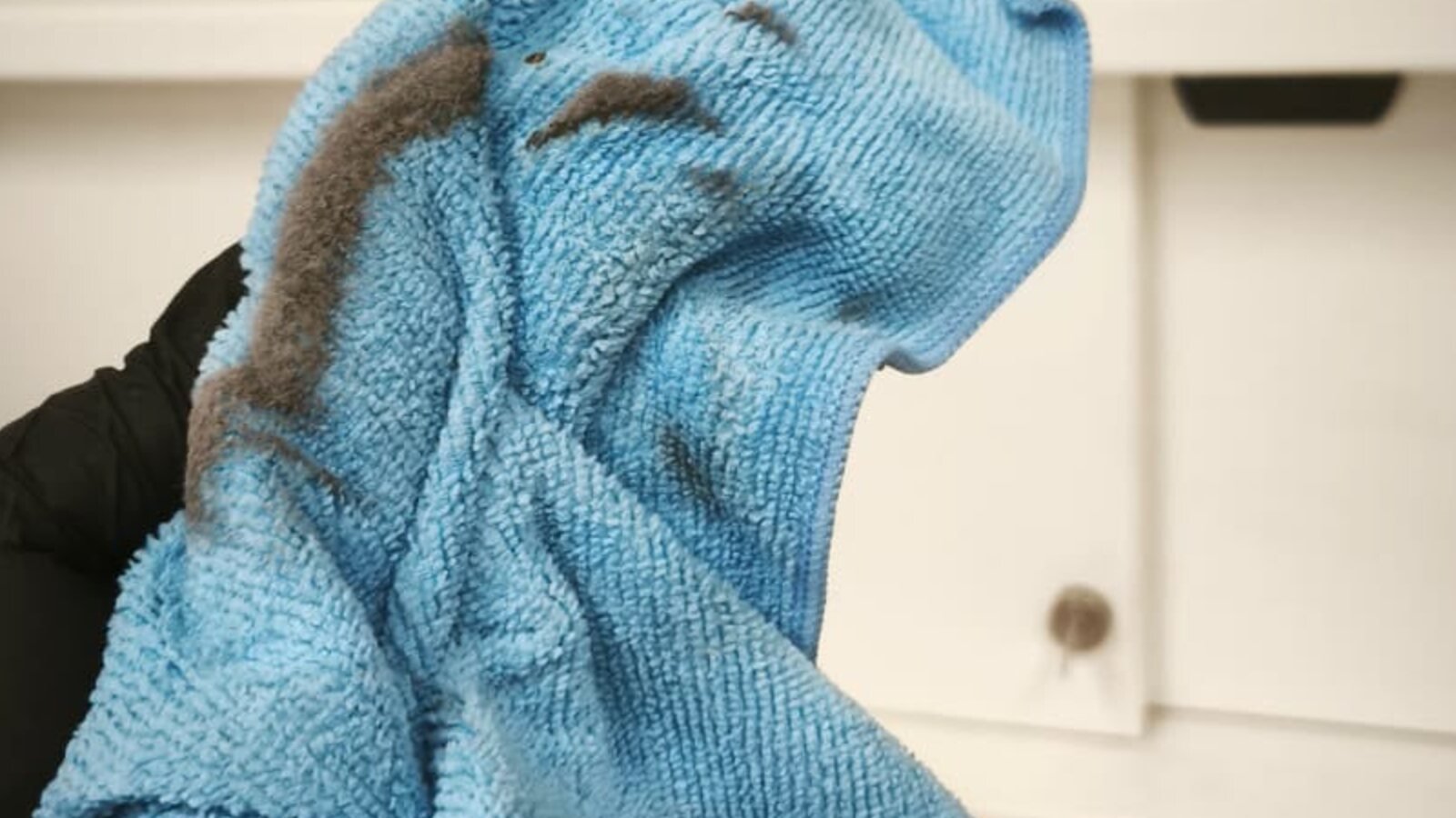 Verunreinigtes Reinigungstuch mit Schutzhandschuh im Arbeitseinsatz