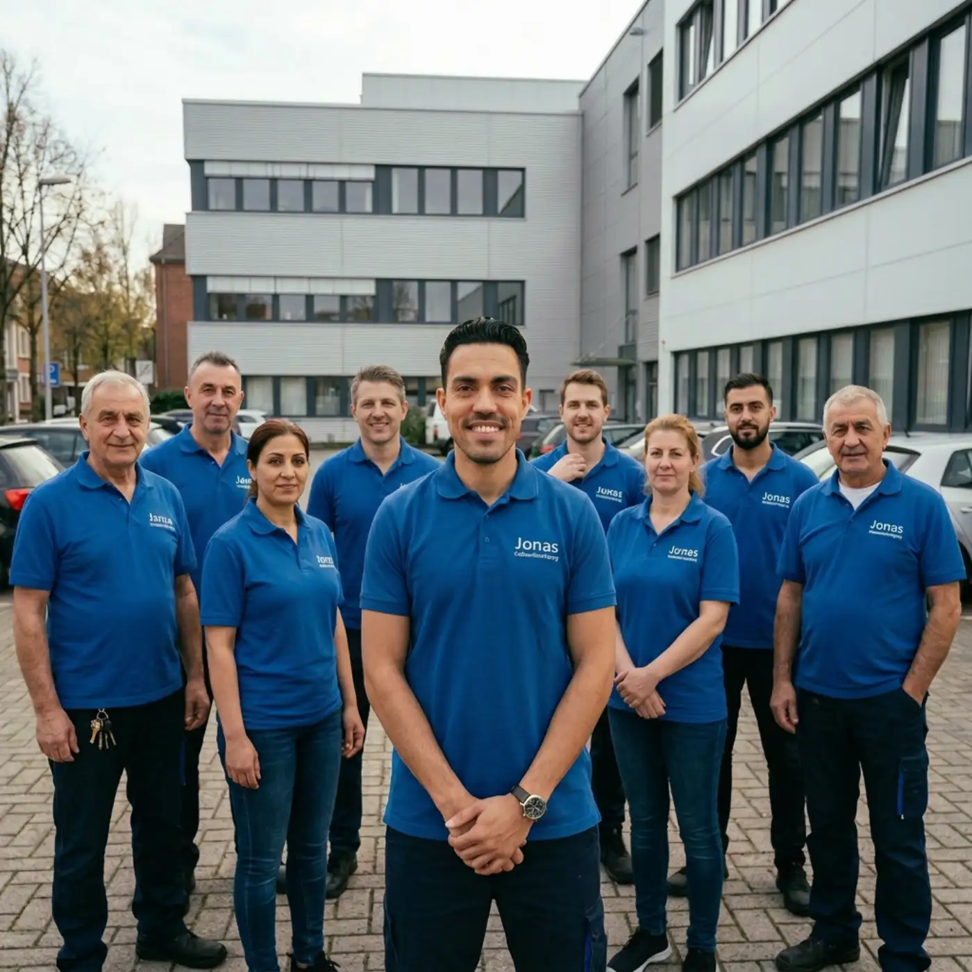 Team von Jonas Gebäudereinigung vor einem Gewerbeobjekt
