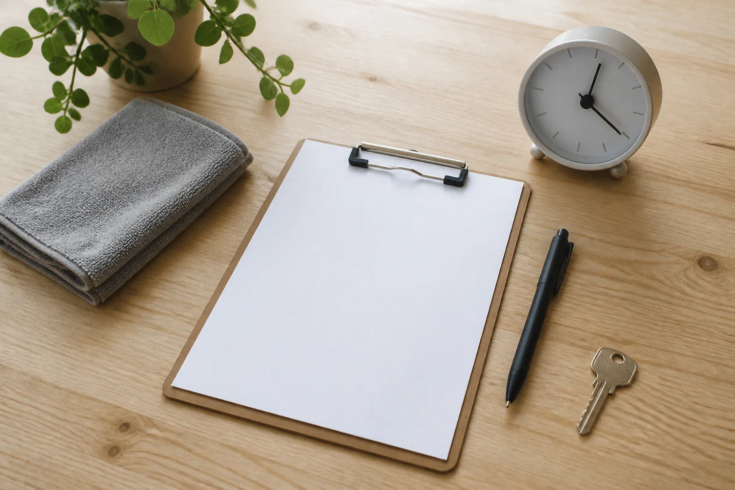 Lohn und Arbeitszeit klar vereinbaren Blankes Vereinbarungsblatt mit Stift, Schlüssel und analoger Uhr auf einem Küchentisch