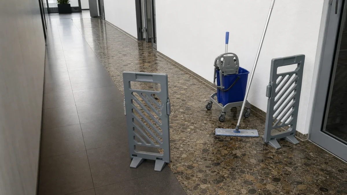 Frisch nass gereinigter Flur mit abgesichertem Laufweg